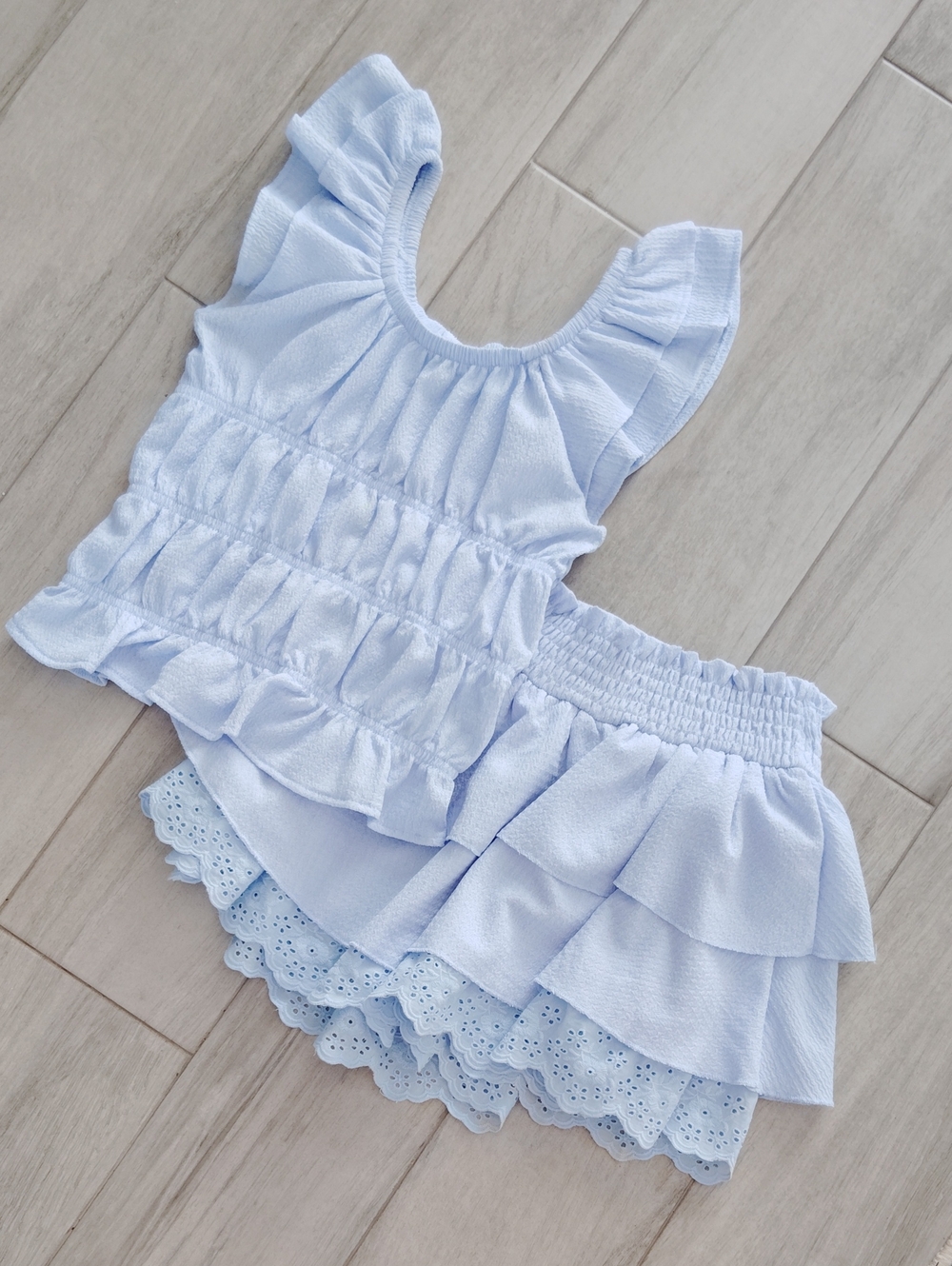 F&F Pale Blue Ruffle Top and Tiered Eyelet Skirt Set
